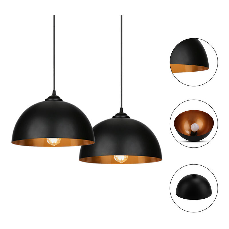 2er Suspension abat-jour Industrielle Rétro Lustre Abat-Jour Noir Lampe de Plafond Luminaire pour Salon Cuisine E27 - Tolletour