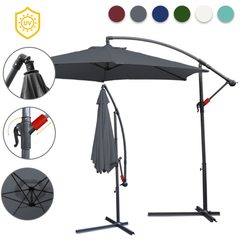 Parasol, 350 x 350 cm, upf 30+, rotation 360°, fonction d'inclinaison, hydrofuge, gris