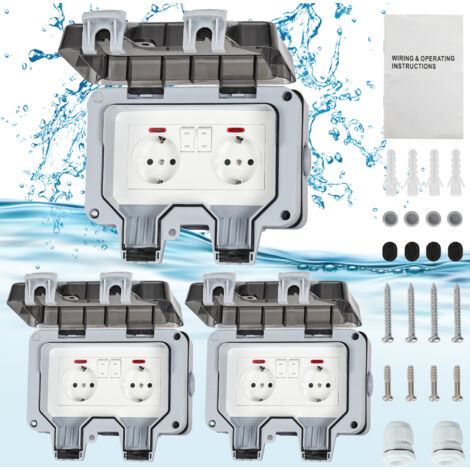 TolleTour 3X Doppia presa impermeabile da esterno IP66 con interruttore, doppia presa a muro da esterno per cucina, bagno, garage, piscina e giardino