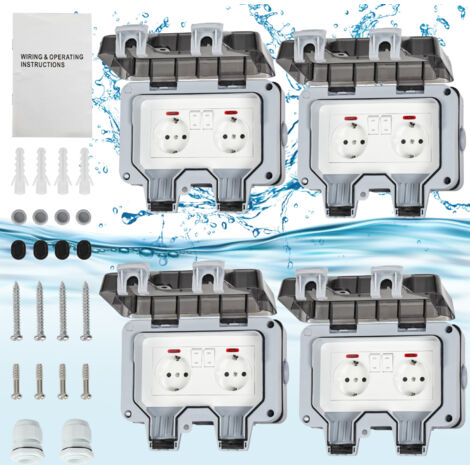 TolleTour 4X Außensteckdose Gartensteckdose Outdoor Steckdose IP66 16A Wasserdicht Staubdicht Wandsteckdose 2 Loch mit Schalter