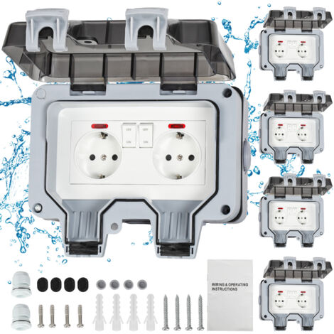 TolleTour 5X Doppia presa impermeabile da esterno IP66 con interruttore, doppia presa a muro da esterno per cucina, bagno, garage, piscina e giardino