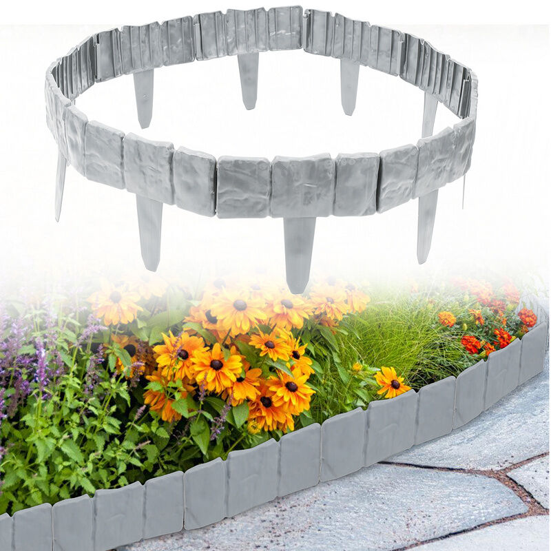 Clôture de jardin/pelouse Plastique Aspect de pierre Bordures de pelouse Bordure de jardin 30 pcs 7.5m Gris - Tolletour