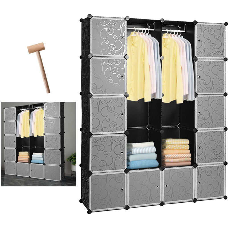 Armoire Penderie en Plastique, 180x142x37cm, Armoire de Rangement pour Vêtements Chaussures, avec Porte, 20 cubes, Noir - Tolletour