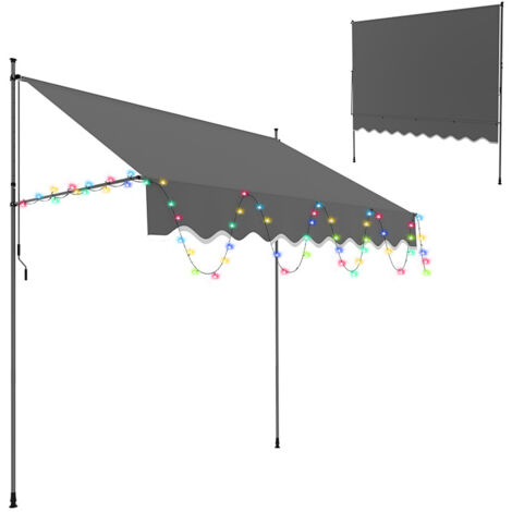 TolleTour Auvent manuale con guirlande luminose, manovella, senza perforazioni necessarie, resistente al sole e all'acqua, altezza regolabile, grigio 300cm
