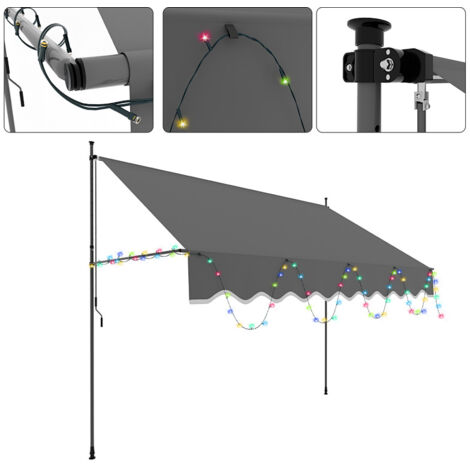 TolleTour Auvent manuale con guirlande luminose, manovella, senza perforazioni necessarie, resistente al sole e all'acqua, altezza regolabile, grigio 400cm