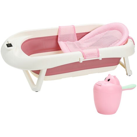 TolleTour Baby Badewanne Reisebadewanne Babywanne Ergonomische Faltbare mit Thermometer - rosa