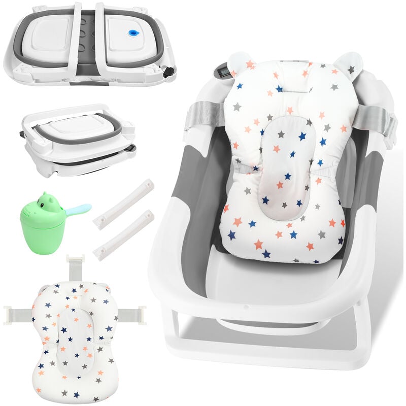 Swanew Baignoire Bébé Pliante pour 0-6 ans bébé avec Tapis de Bain Détachable - Bouchon de Vidange/TPE Coussin Antidérapant Gris