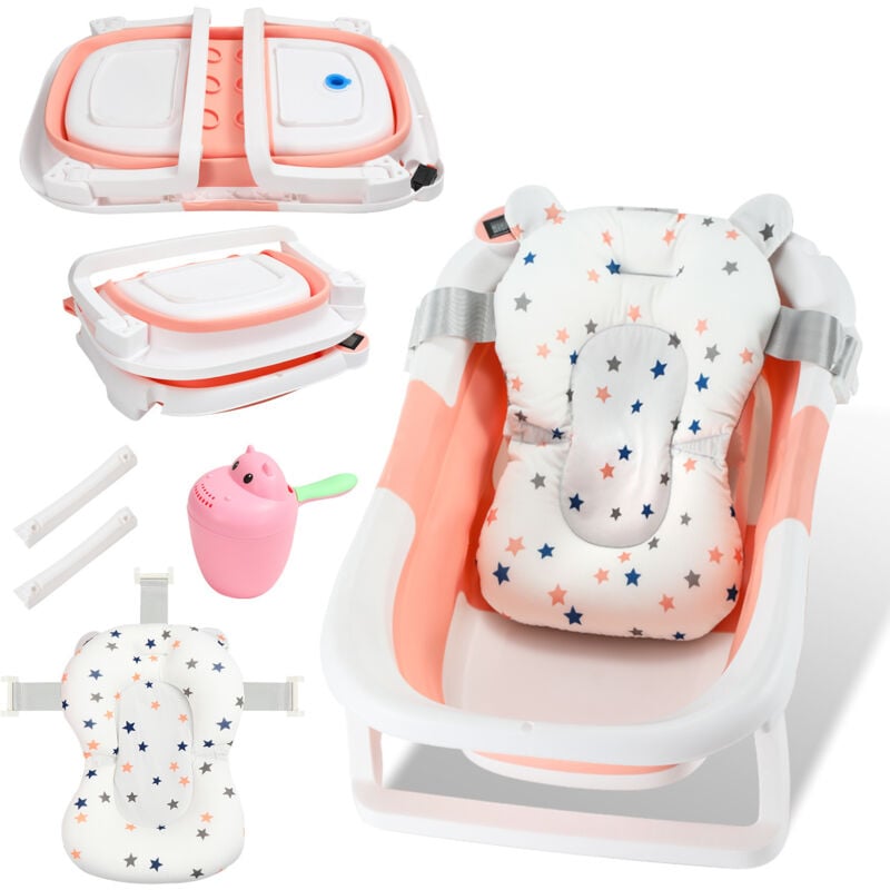 Tolletour - swanew Baignoire Bébé Pliante pour 0-6 ans bébé avec Tapis de Bain Détachable - Bouchon de Vidange/TPE Coussin Antidérapant Rose