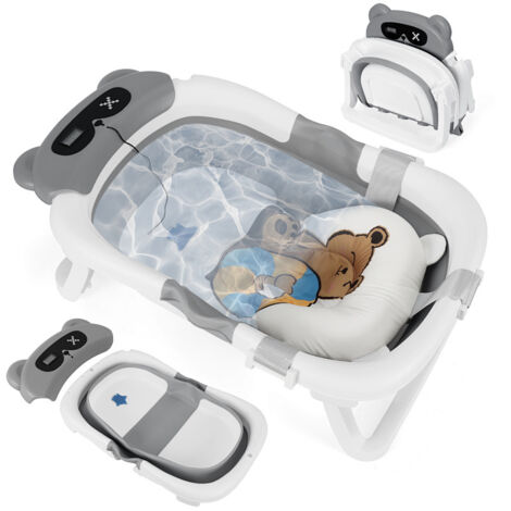 TolleTour Bañera para bebé plegable con soporte y alfombrilla de baño, bañera antideslizante para recién nacidos y niños pequeños (Gris)