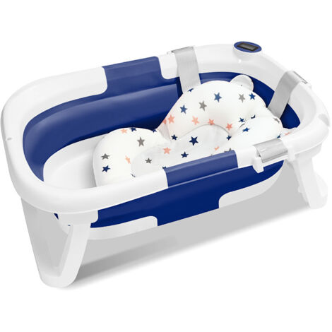 TolleTour Bañera para bebé plegable con termómetro y cojín de baño – bañera plegable para bebé (Azul)