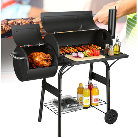 TolleTour Barbecue a carbone nero, stazione grill su ruote con 2 camere, carrello BBQ da esterno con 2 ruote e indicatore di temperatura
