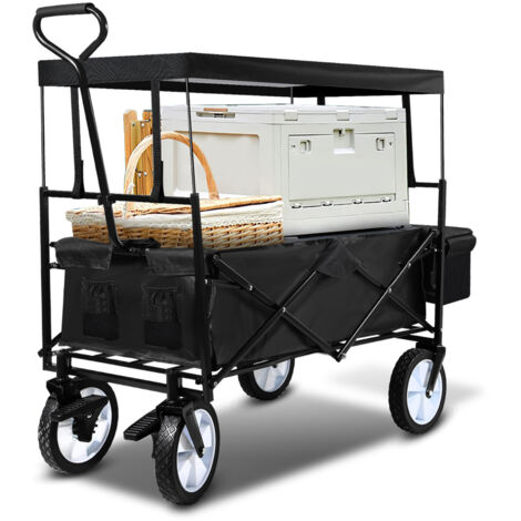 TolleTour Bollerwagen Faltbar mit Dach Handwagen Transportwagen, Strandwagen, klappbar, Vollgummi-Reifen, bis 80 kg, mit Bremsen + Tragetasche - Gartenwagen