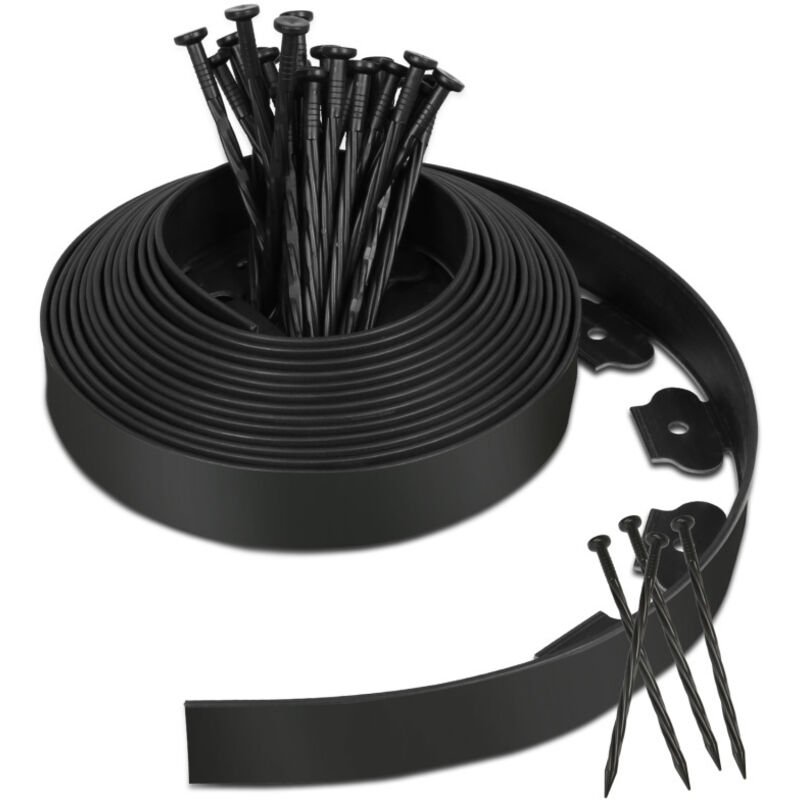 Einfeben Bordure de jardin Bordure de Pelouse en Plastique 20m avec 60 piquets d'ancrage, Noir