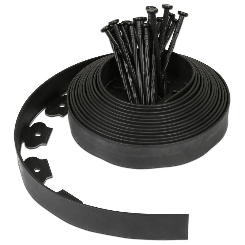 Bordure de jardin plastique flexible 10m avec 30 piquets noir - noir