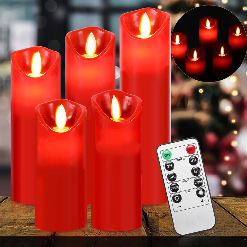 TolleTour Bougies LED Lot de 5 de différentes tailles avec télécommande Lumière LED vacillante Bougie chandelle rouge