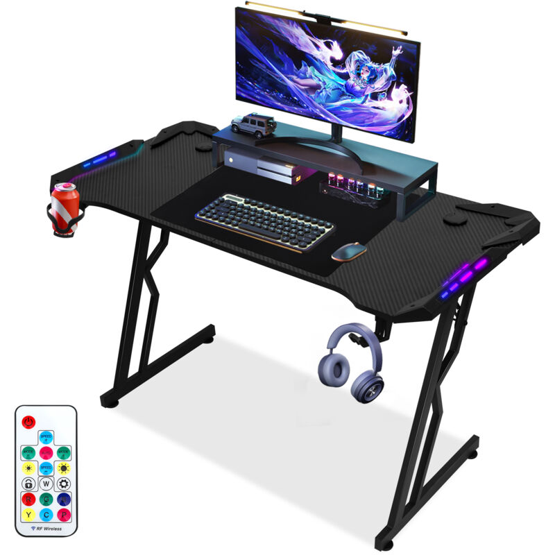 Tolletour - Bureau Gaming Table de Gaming 140x60cm pc Gamer avec Tapis de Souris, Porte-gobelet et Crochet Adapté au Bureau Maison - met