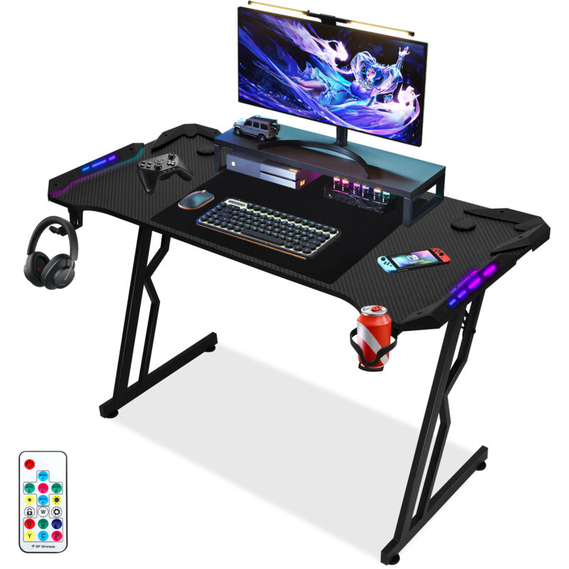 Tolletour - Bureau Gaming Table de Gaming 120x60cm pc Gamer avec Tapis de Souris, Porte-gobelet et Crochet Adapté au Bureau Maison - met
