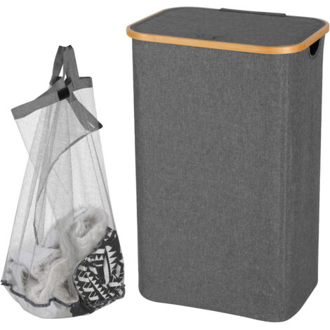 TolleTour Cesto per la biancheria sottile con coperchio, 100L, salvaspazio, fodera in rete rimovibile, tessuto Oxford, manici in bambù, pieghevole,Grigio