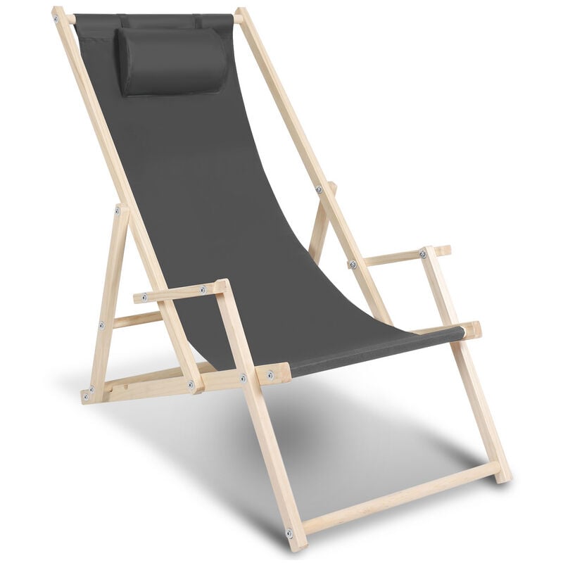 Tolletour - Chaise longue avec accoudoirs Chaise longue pliable confortable Chaise longue en bois Gris - Gris