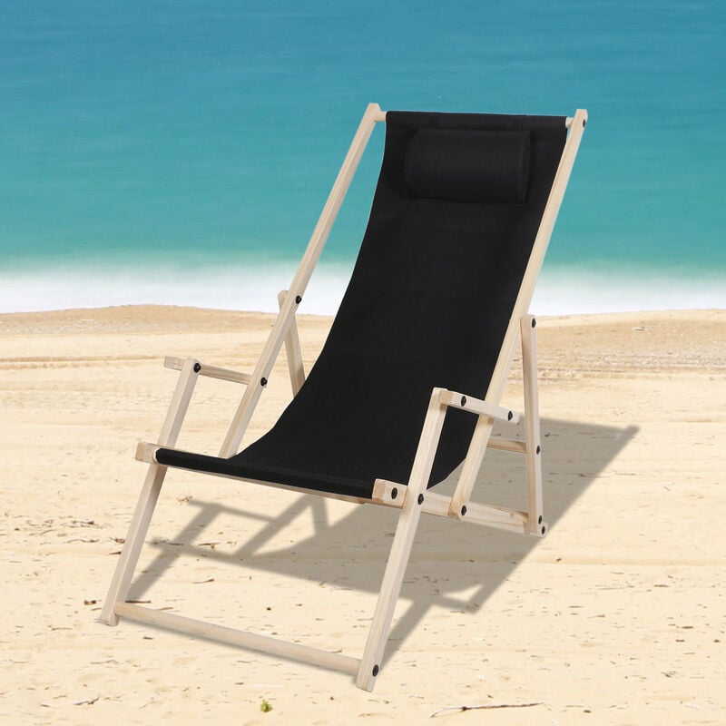 Tolletour - Chaise longue Chaise longue de plage Chaise de jardin Pliable Bois Chaise longue de plage Noir Avec Mains Courantes - noir