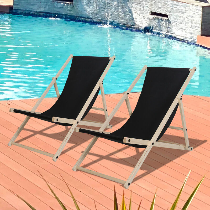 Chaise longue pliante en bois Chaise longue de jardin Chaise pliante en bois noir 2 pièces - Tolletour