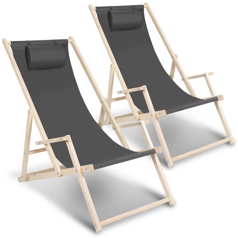 Swanew - Chaise longue pivotante pliante Chaise longue de plage Chaise longue de balcon Chaise en bois Gris Avec Mains Courantes 2 pièces - Gris
