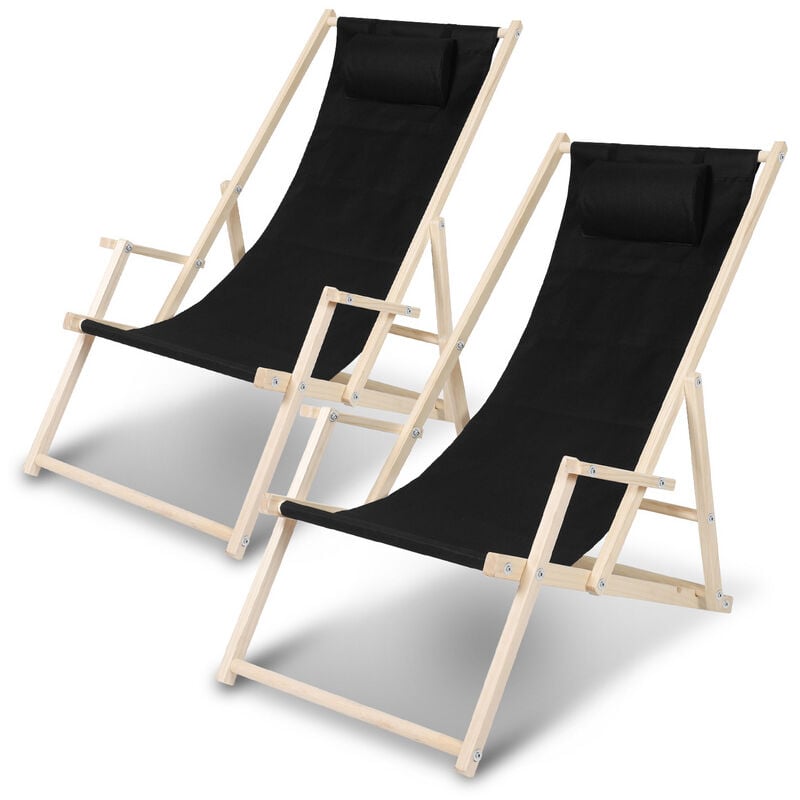 Swanew - Chaise longue avec accoudoirs Chaise longue pliable confortable Chaise longue en bois noir 2 pièces