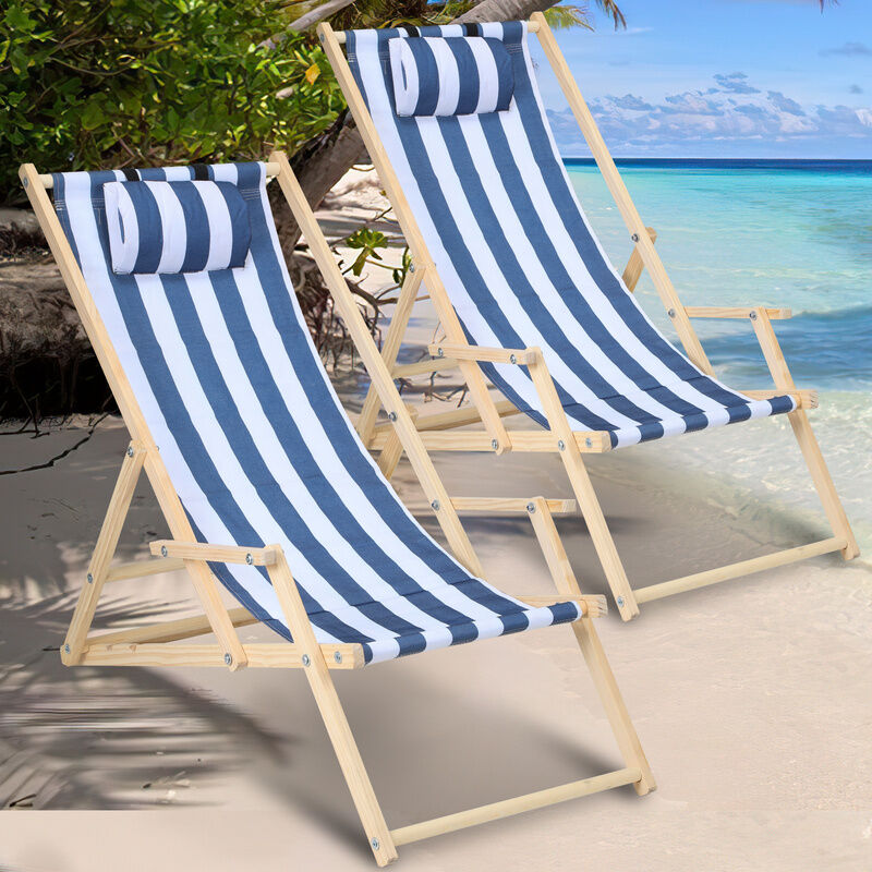 Swanew - Chaise longue avec accoudoirs Chaise longue pliable confortable Chaise longue en bois bleu 2 pièces - bleu blanc