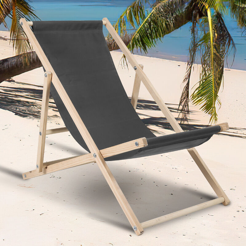 Chaise longue pliante en bois Chaise de plage 3 positions Chilienne transat jardin exterieur Gris - Tolletour
