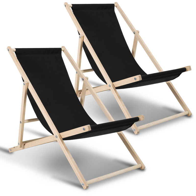 Chaise longue pliante en bois Chaise de plage 3 positions Chilienne transat jardin exterieur noir 2 pièces - Tolletour