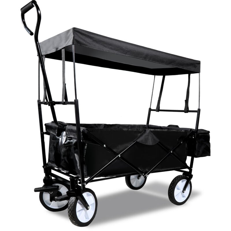 Chariot de jardin Chariot de transport avec Toit pliable Charrette à bras Remorque de transport Chariot Pliant de Plage Noir - Noir - Tolletour