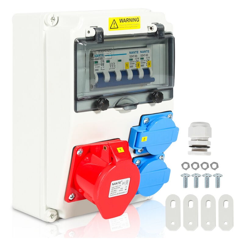Coffret De Chantier Distributeur mural avec disjoncteur. répartiteur électrique de site à 5 pôles avec 2 prises Schuko et prise cee 16 a - Tolletour