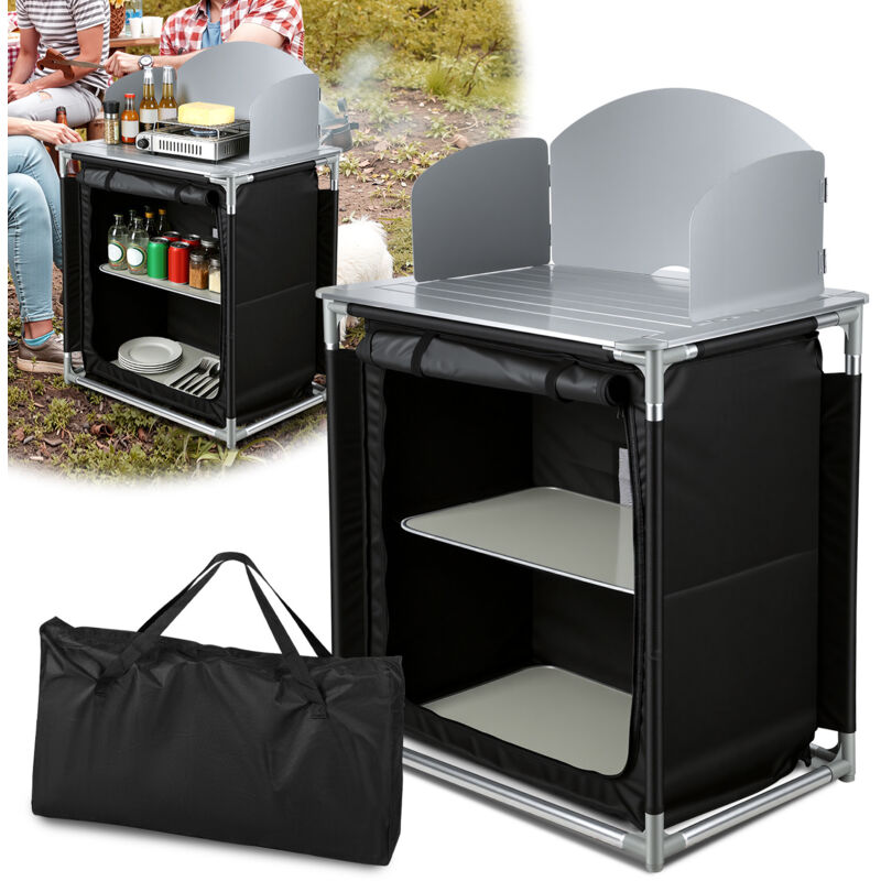 TolleTour Cuisine de camping avec 2 tiroirs, table de cuisine d'extérieur avec plan de travail et rebord en aluminium, coffre de camping stable 80 x