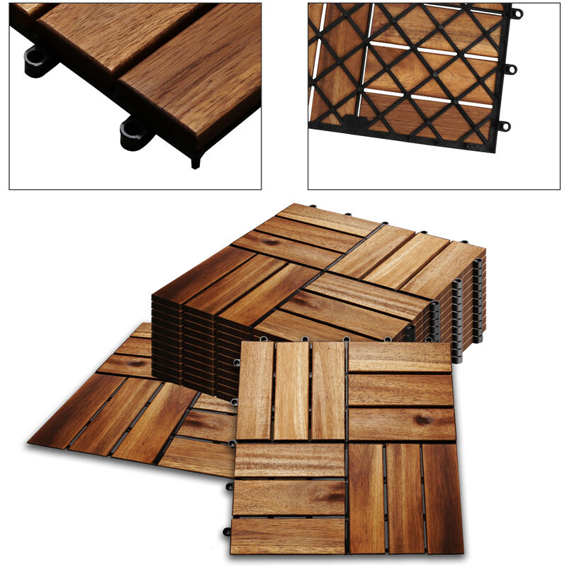 Einfeben - Carreaux de terrasse 11pcs Kit tuiles de plancher en acacia
