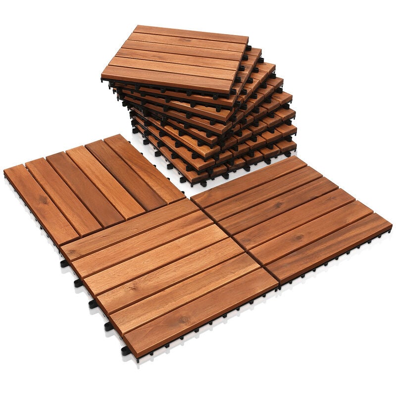 Einfeben Dalles terrasse caillebotis lot de 11 pcs 1 m² emboîtables installation très simple carreaux bois sapin teinté brun