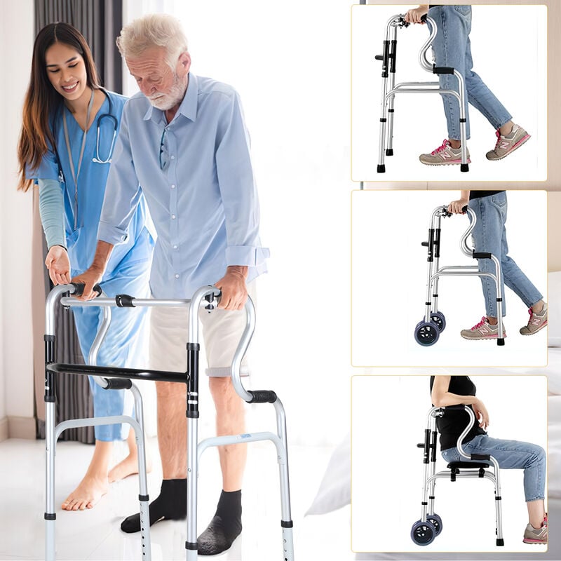 Swanew Déambulateurs Hauteur fixe et réglable, 4 roues pliable, Cadre de marche en d'aluminium, à double accoudoir, Personnes Âgées