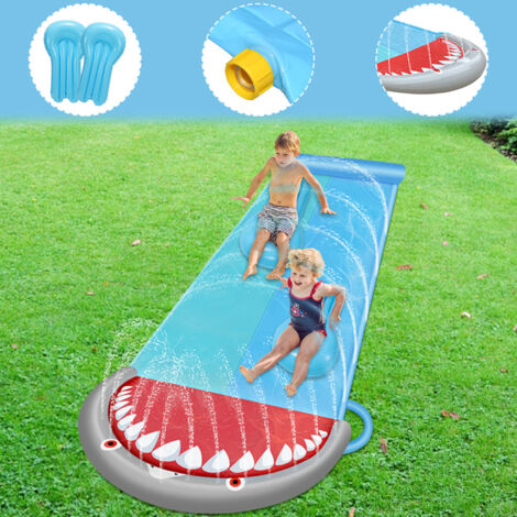 TolleTour Doppel-Wasserrutsche 550x145cm mit 2 Bodyboards, Sprinkler & Aufblasbarem Aufprallschutz, Faltbar für Garten & Rasen
