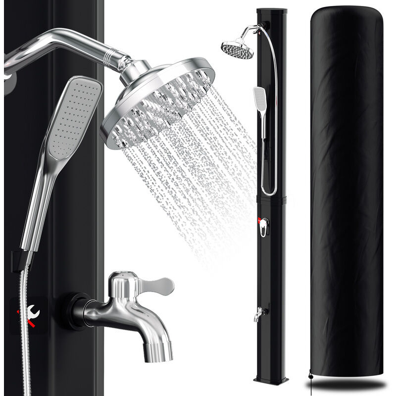 Tolletour - Douche solaire 35L noire avec douchette à main, pomme ronde, douche de pied, matériel de montage et housse