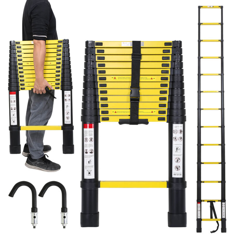 Echelle telescopique Échelle à rallonge légère aluminium antidérapante 3,8m noire + crochet échelle à rallonge extensible - Tolletour