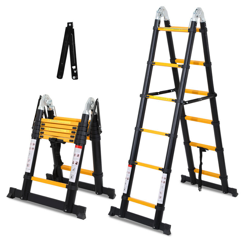 Chelle télescopique Échelle pliante Aluminium Escabeau sans crochets Avec stabilisateur 1.9m+1.9m jaune-noir - jaune-noir - Tolletour