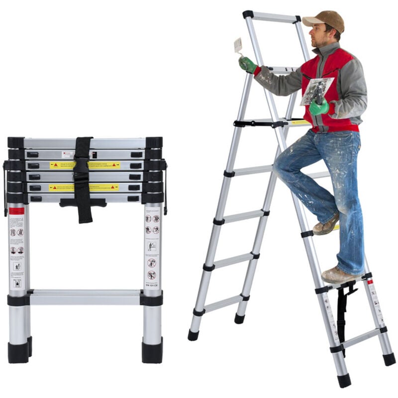 Swanew Echelle Télescopique jusqu'à 150 kg Escabeau stable en aluminium Multi-Fonction 1.7m+2.0m Escabeau extensible