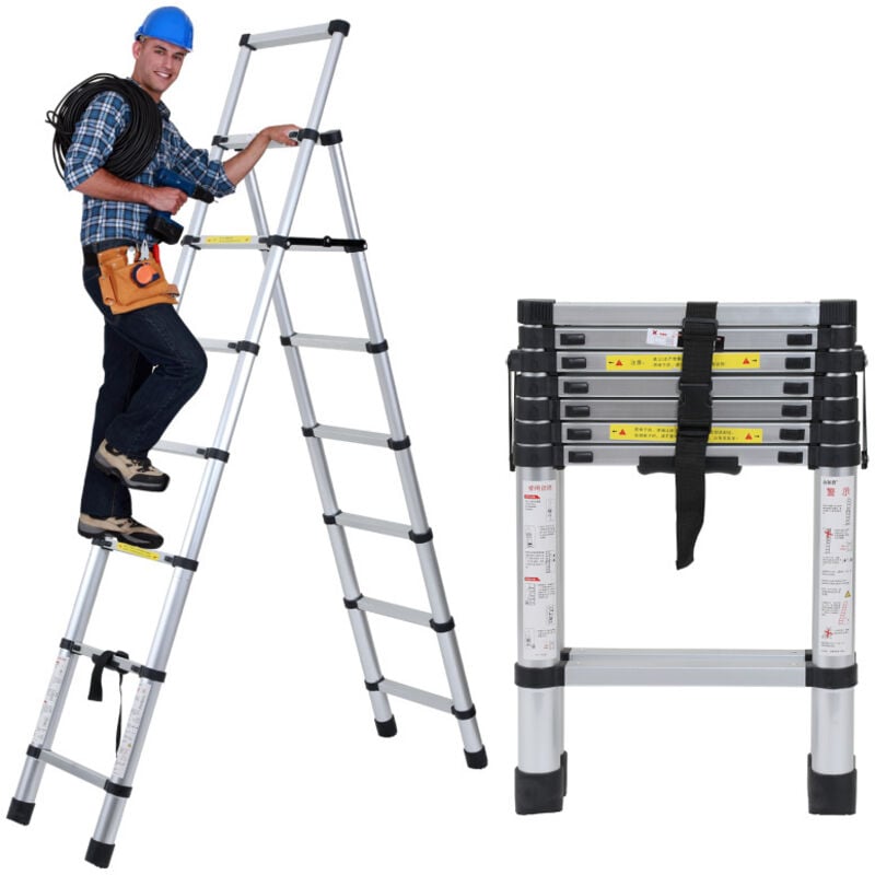 Swanew Echelle Télescopique jusqu'à 150 kg Escabeau stable en aluminium Multi-Fonction 2.0m+2.3m Escabeau extensible