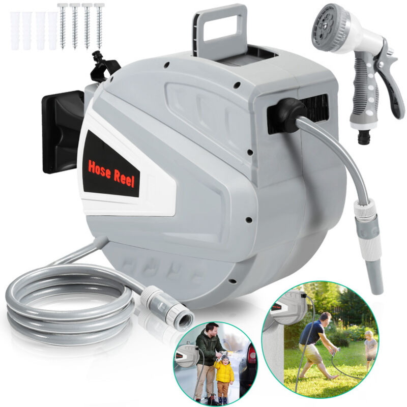 Enrouleur de tuyau 30+2 m. Pivotant à 180°. Automatique.l'eau tuyau d'arrosage avec 1 Pistolet à Eau (9 Modes de Jet Réglables)-Gris - Tolletour