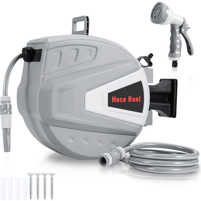 Enrouleur De Tuyau 30+2m Pression 8 Bar Raccord 1/4'Pistolet à Eau (9 Modes de Jet Réglables) Automatique Pneumatique Pivotant à 180° - Tolletour