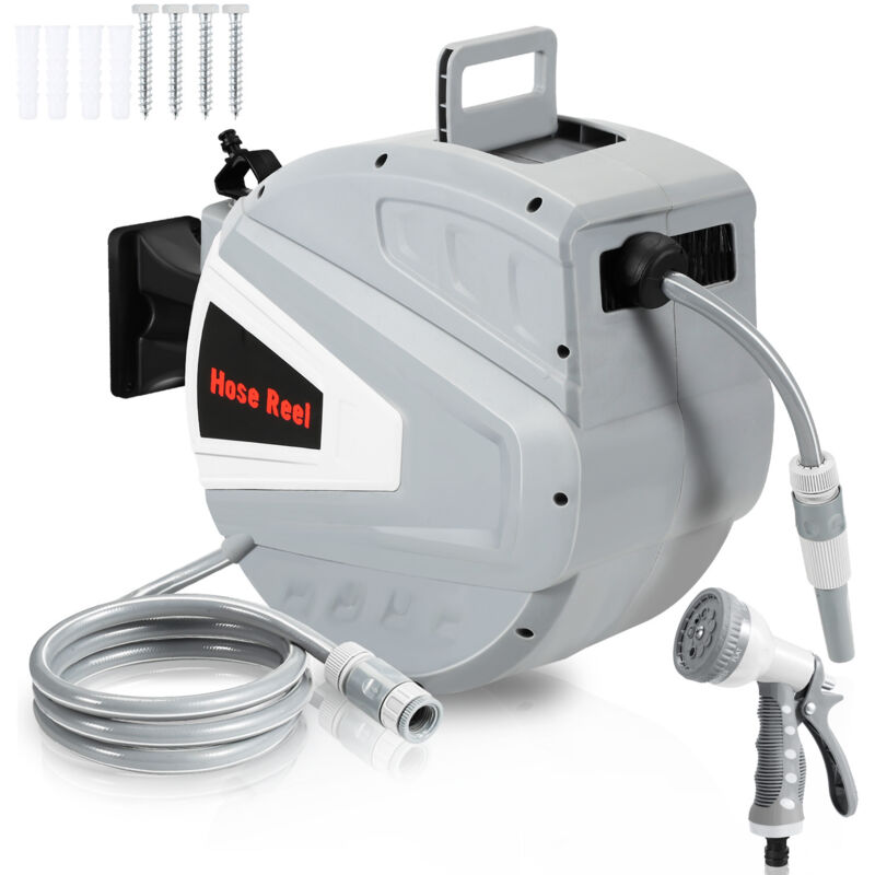 Enrouleur De Tuyau 30+2m Pression 8 bar Raccord Pistolet à Eau (9 Modes de Jet Réglables) Automatique Pneumatique Pivotant à 180° - Tolletour