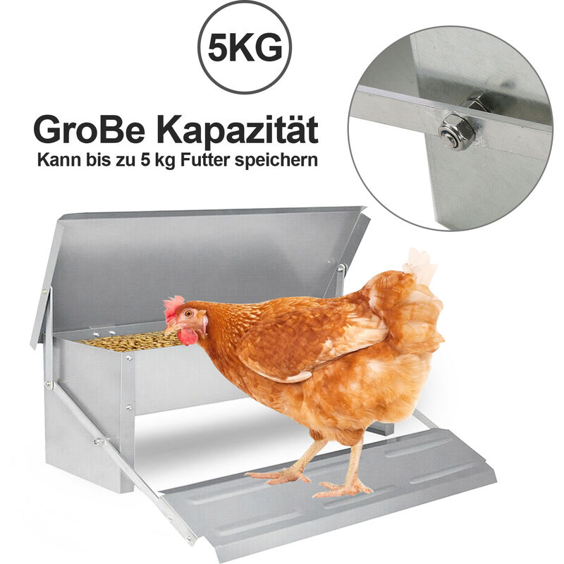 Tolletour - Futterautomat Hühner 5kg Automatischer Futtertröge - Hühner Futterspender aus Verzinkter Stahl für Geflügel. wasserdicht und rattensicher