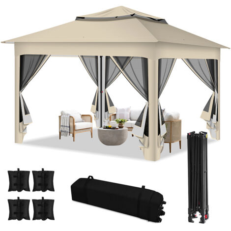 TolleTour Gazebo pieghevole da giardino 3,3 × 3,3 m con zanzariera removibile, protezione UV – Beige