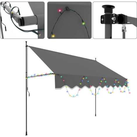 TolleTour Markise Klemmmarkise mit Handkurbel Sonnenschutz und UV-Schutz und wasserfestund höhenverstellbar Gelenkarm mit LED 250cm