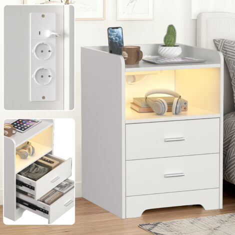 TolleTour Mesita de noche, con LED multicolor ajustable, 2 cajones, conectividad Bluetooth, blanco