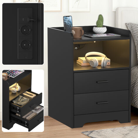 TolleTour Nachttisch Sofatisch mit LED-Beleuchtung Nachtschrank mit Ladestation
(1-St) 2 Schubladen für Schlafzimmer Wohnzimmer Schwarz